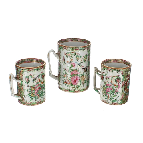 1323 - Group of three 19th century Chinese Canton famille rose porcelain mugs, each of cylinder form with n... 