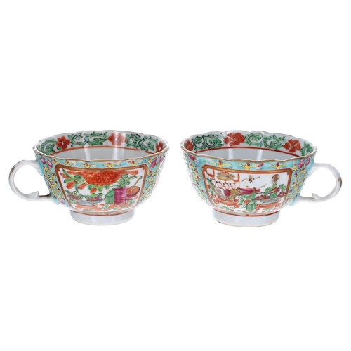 1324 - Pair of 19th century Chinese Canton famille rose porcelain teacups and saucers, decorated with figur... 