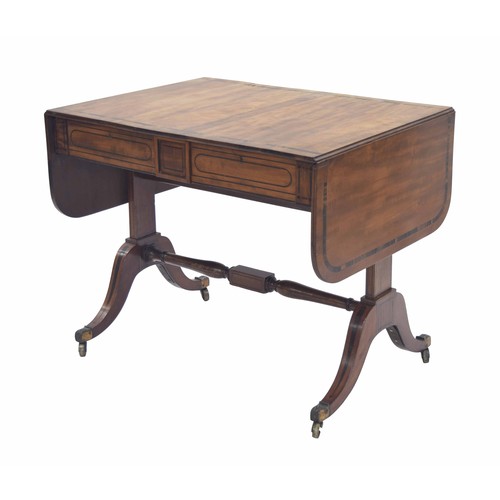 972 - 19th century mahogany sofa table, the drop-flap rounded end top over two frieze drawers and shaped c... 