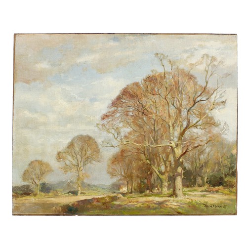 810 - Jack Merriott (1901-1968) - Winter trees in sunlight, signed, oil on canvas, laid down, unframed 20