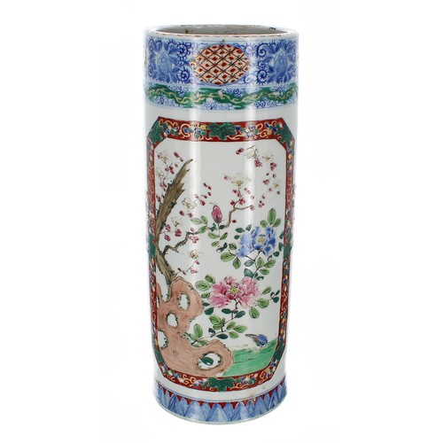 1328 - Chinese 19th century porcelain cylindrical vase, with underglaze blue rims, painted with panels of b... 