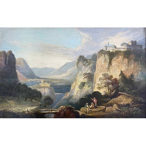 854 - G* Nicholson (early 19th century) - Mountainous landscape with figures in the foreground beside a wo... 