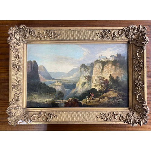 854 - G* Nicholson (early 19th century) - Mountainous landscape with figures in the foreground beside a wo... 