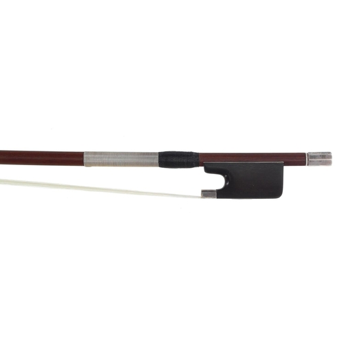 3219 - Interesting silver mounted violoncello bow, unstamped, the stick round, the ebony frog plain and wit... 