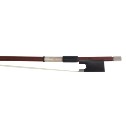 3222 - Silver mounted violin bow stamped Lefin, the stick round, the ebony frog plain and with a silve... 