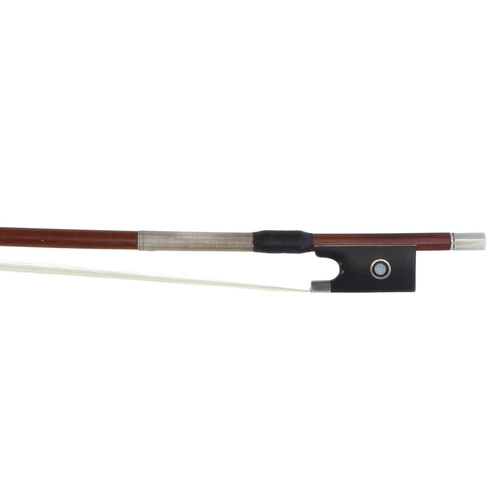 3226 - Good silver mounted violin bow, unstamped, the stick round, the ebony frog inlaid with silver rings ... 