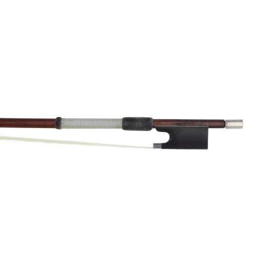 3229 - Interesting silver mounted violin bow stamped Techler, the stick round, the ebony frog plain and wit... 