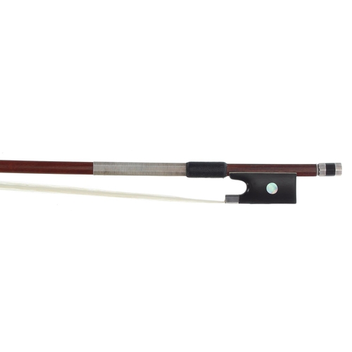 3230 - Interesting silver mounted violin bow, unstamped, the stick round, the ebony frog inlaid with pearl ... 