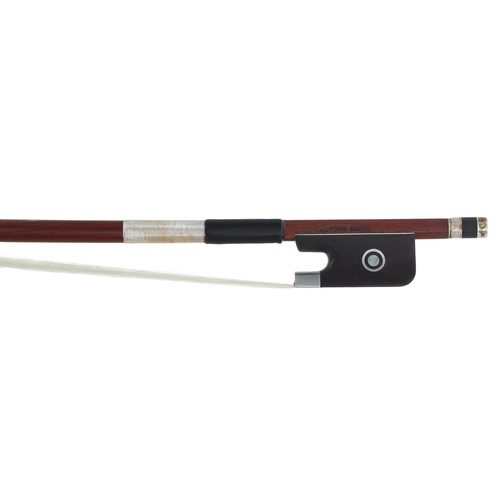 3271 - German silver mounted violoncello bow by and stamped Alfons Riedl, the stick round, the ebony frog i... 