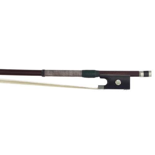 3272 - German nickel mounted violin bow by and stamped *Albert Nurnberger*, the stick round, the ebony frog... 