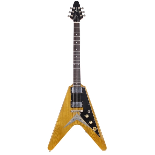 891 - 1970s Antoria Flying V electric guitar, made in Japan; Body: natural finished sen ash, large strip o... 