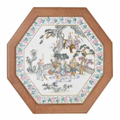 743 - 19th century Chinese famille rose hexagonal porcelain plaque, with figural procession decoration in ... 