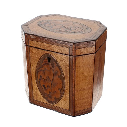 1265 - George III satinwood cross banded tea caddy, of rectangular form with canted corners, the hinged cov... 