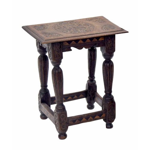 1443 - 17th century and later oak joynt stool, with a geometric inlaid carved frieze upon reeded support un... 