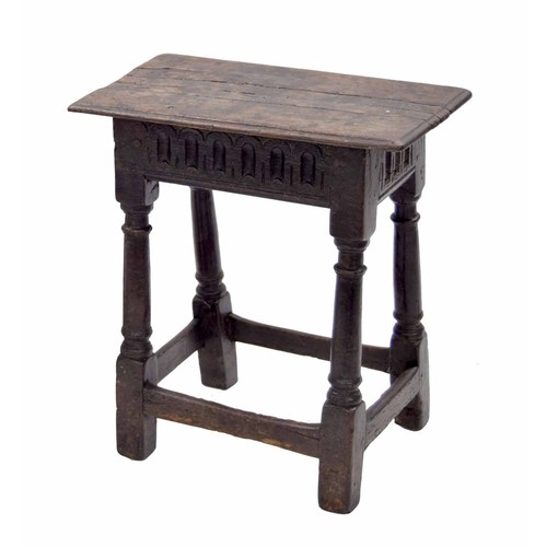 1442 - 17th century oak joynt stool, the rectangular moulded top over an egg  and dart carved frieze upon t... 