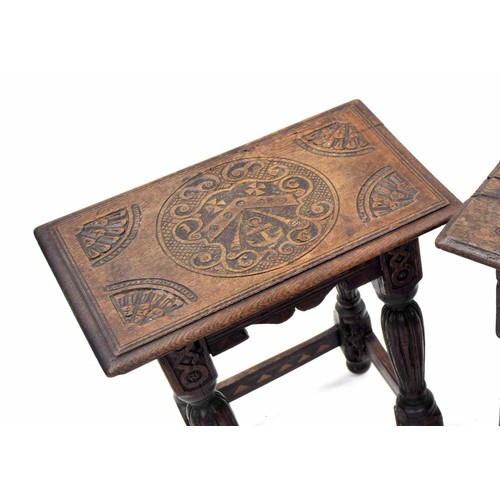 1443 - 17th century and later oak joynt stool, with a geometric inlaid carved frieze upon reeded support un... 