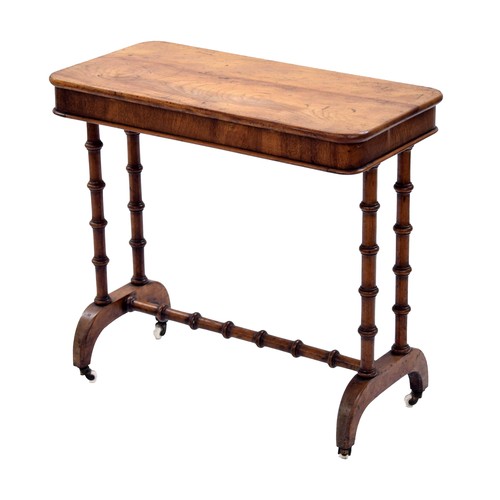 1407 - Victorian miniature satin birch stretcher table, the rectangular top upon a turned stretcher base wi... 