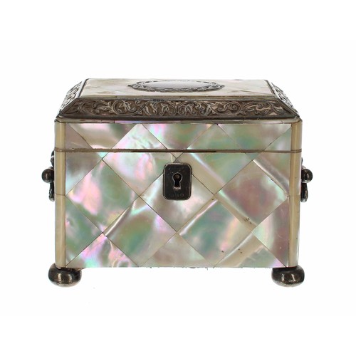 1264 - Fine attractive late Victorian parquetry  mother of pearl and silver mounted tea caddy of casket for... 