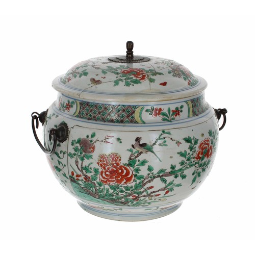 741 - 18th century Chinese famille verte porcelain circular tureen with cover, the cover with a metal fini... 