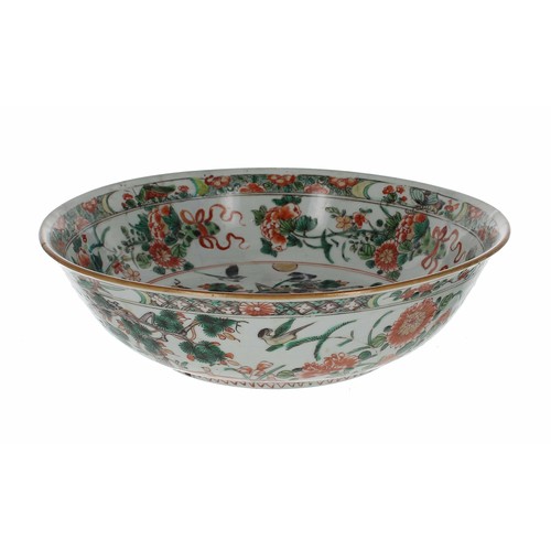 742 - Chinese famille verte circular porcelain bowl, decorated with birds and trees in blossom (extensive ... 