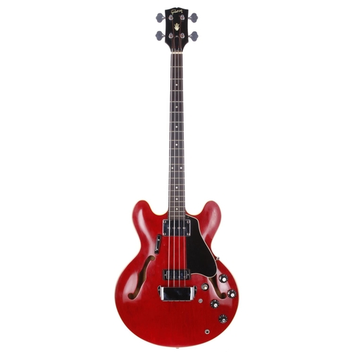 974 - 1968 Gibson EB-2 CD semi-hollow body bass guitar, made in USA; Body: cherry finish, buckle rash patc... 