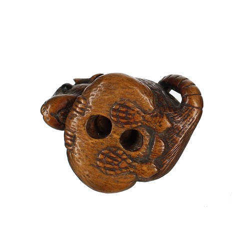 1306 - Japanese carved wood netsuke modelled as a rat with a fruit, himotoshi to the underside between the ... 