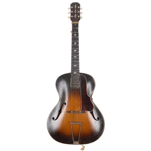 927 - 1950s archtop guitar in need of some restoration; Body: tobacco sunburst finish with heavy scratches... 