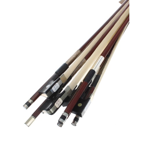 3202 - Six various children's nickel mounted violin bows, some stamped (6)