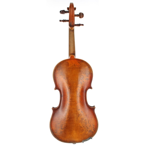 3013 - 19th century three-quarter size violin bearing an indecipherable Italian label, 13 3/16