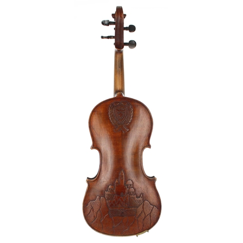 3046 - Interesting late 19th century Bavarian violin, the back carved with a crest to the upper bouts over ... 