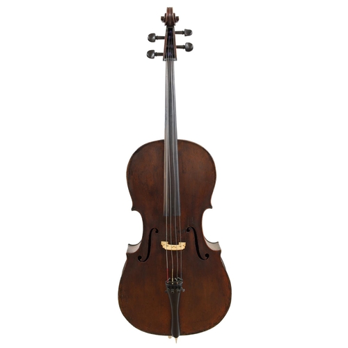 3526 - Late 19th century Mittenwald violoncello, unlabelled, the two piece back of plainish wood with simil... 