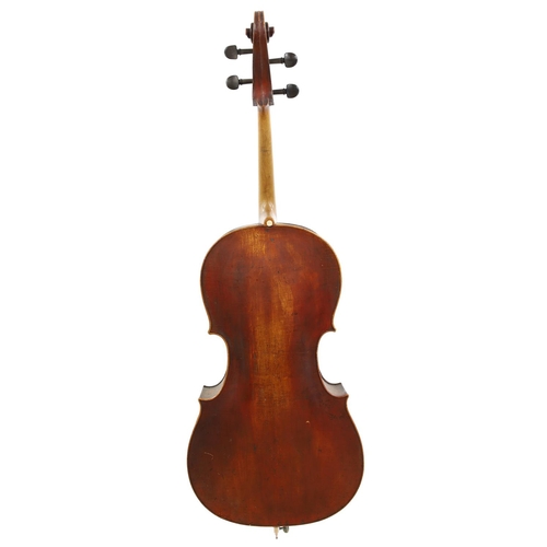 3526 - Late 19th century Mittenwald violoncello, unlabelled, the two piece back of plainish wood with simil... 