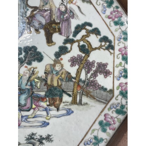 743 - 19th century Chinese famille rose hexagonal porcelain plaque, with figural procession decoration in ... 