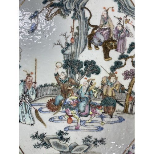 743 - 19th century Chinese famille rose hexagonal porcelain plaque, with figural procession decoration in ... 