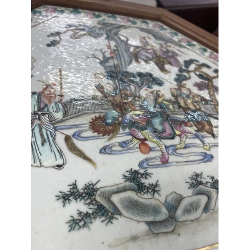 743 - 19th century Chinese famille rose hexagonal porcelain plaque, with figural procession decoration in ... 