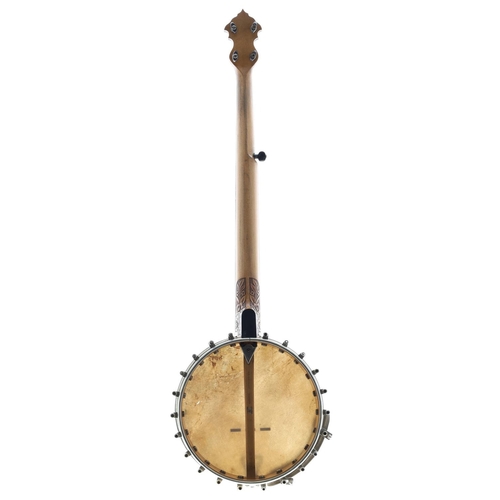 2555 - Dallas five-string open back banjo stamped J.E. Dallas, no. 6800 on the perch pole, with stylised fo... 