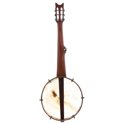 2599 - Good and rare Tunbridge Ware seven-string fretless open back banjo circa 1880, unnamed, the walnut f... 