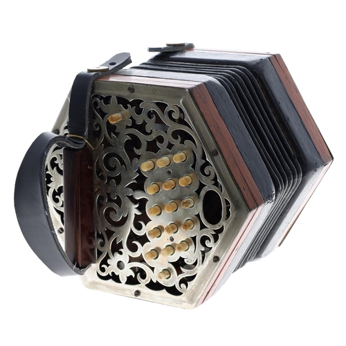 2602 - C. Jones three-row Anglo concertina in C/G, with thirty-two buttons on pierced metal ends, with stee... 