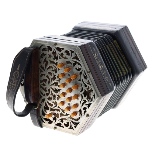 2606 - Good Anglo concertina by C. Jeffries in C/G, with thirty-two bone buttons on foliate pierced metal e... 