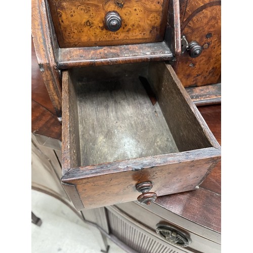 1244 - 18th century burr walnut and cross banded table-top stationary chest, the slope front with seven dra... 