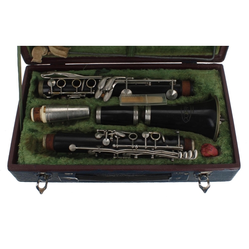 2860 - Corton ebonite clarinet, ser. no. 10163, mute, case; also a Boosey & Hawkes Regent metal flute, ... 