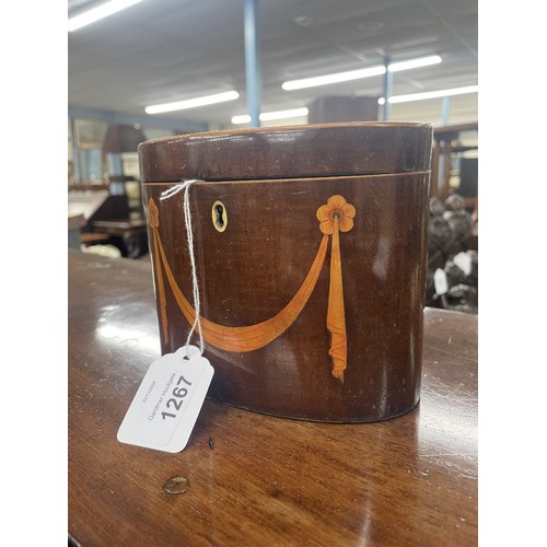 1267 - George III oval mahogany inlaid tea caddy, the top inlaid with an oval conch shell paterae enclosing... 