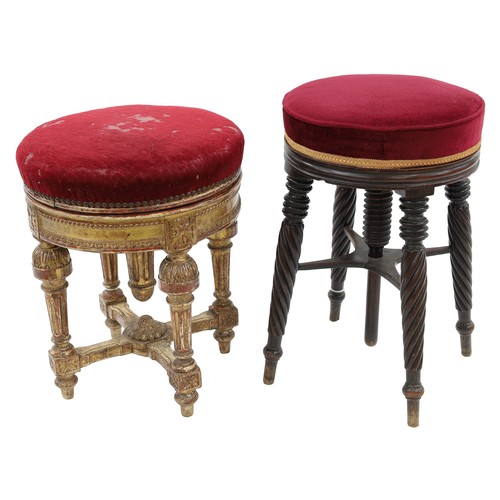 2558 - Victorian mahogany adjustable circular piano stool with burgundy velvet covered seat supported upon ... 