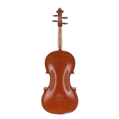 3435 - Good Hawkes & Sons Tyrolese violin, labelled, the two piece back of fine curl with similar wood ... 