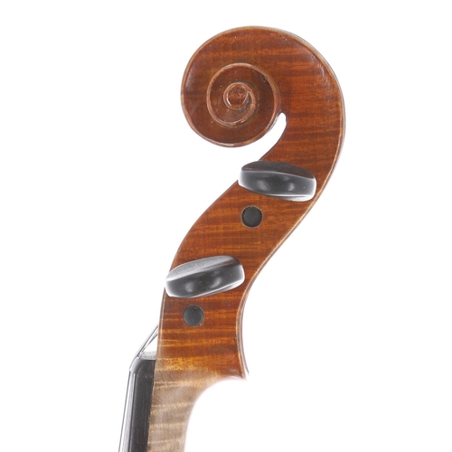 3435 - Good Hawkes & Sons Tyrolese violin, labelled, the two piece back of fine curl with similar wood ... 