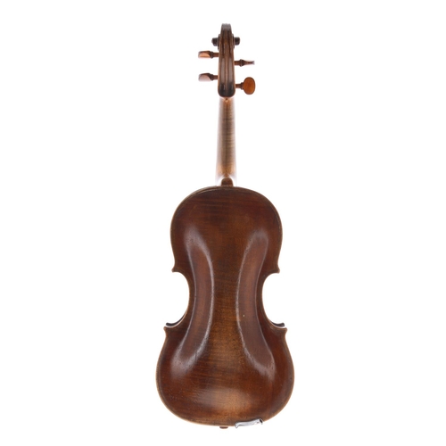 3462 - Interesting 19th century English violin, unlabelled, the one piece back of faint medium curl with si... 