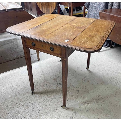 974 - Georgian oak Pembroke table, the boxwood strung drop-flap top with curved ends, over a single frieze... 