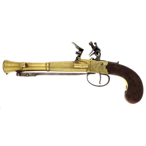 Fine 19th century brass barrelled and brass framed flintlock box-lock blunderbuss pistol with spring bayonet signed Bond, London, 6.5" bell mouth barrel with octagonal breech and London proofs, top steel engraved sliding safety, spring bayonet and engraved trigger sliding guard, the engraved frame signed 'W. Bond' to one side and 'London' to the other, chequered wood grip, 12" long overall (lacking the ramrod)