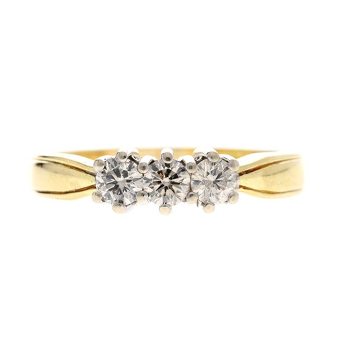 253 - 14ct yellow gold three stone diamond ring, round brilliant-cuts, 0.50ct approx, width 5mm, 4.9gm, ri... 