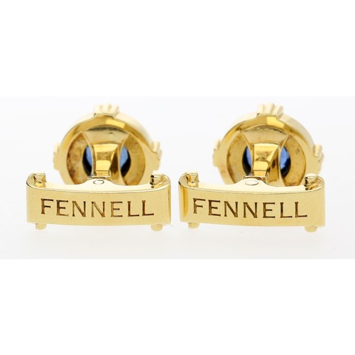 262 - Theo Fennell - Pair of 18ct yellow gold sapphire set cufflinks, circa 2000, signed, each set with a ... 